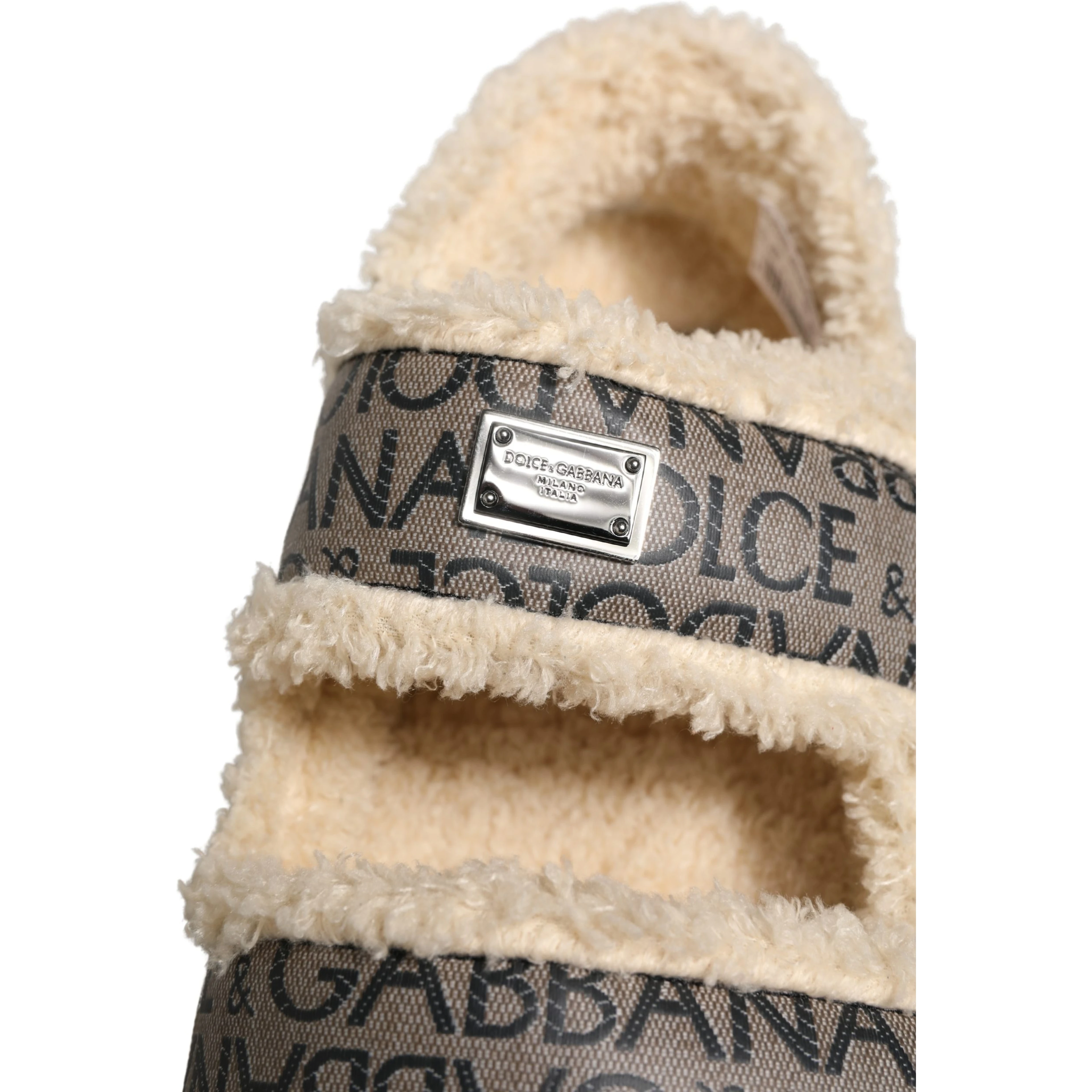 Beige Faux Fur Logo Print Flats Sandals Shoes