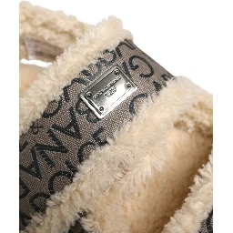 Beige Faux Fur Logo Print Flats Sandals Shoes
