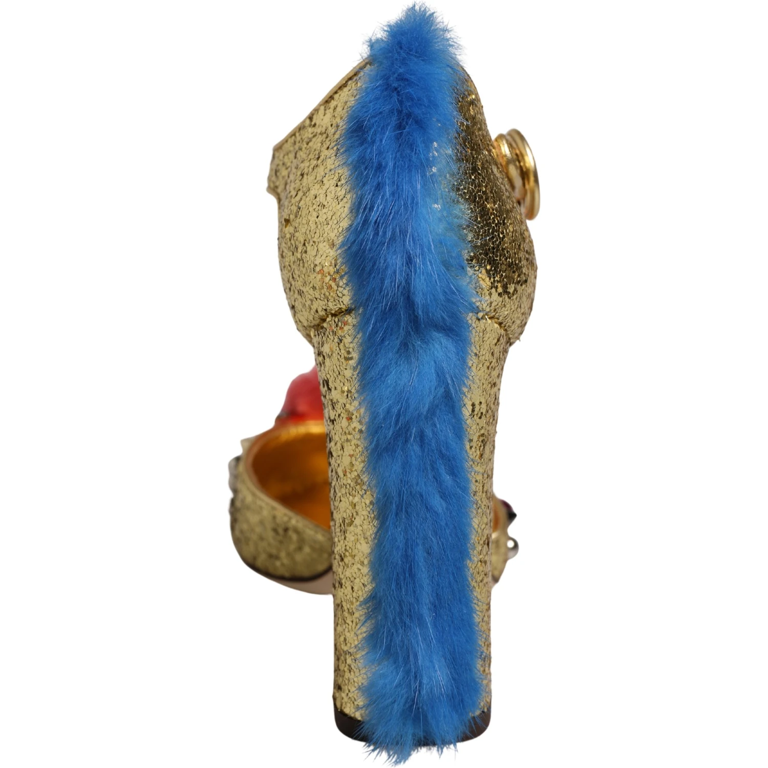 Gold Fur Trim Glitter T-strap Sandals Shoes