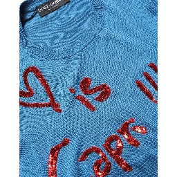 Blue Silk Sequined CrewNeck Pullover Sweater