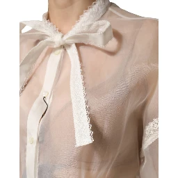 White Silk Cotton Ascot Collar Blouse Top