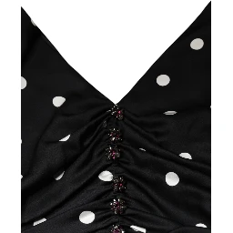Black Silk Polka Dot Vneck Tassel Midi Dress