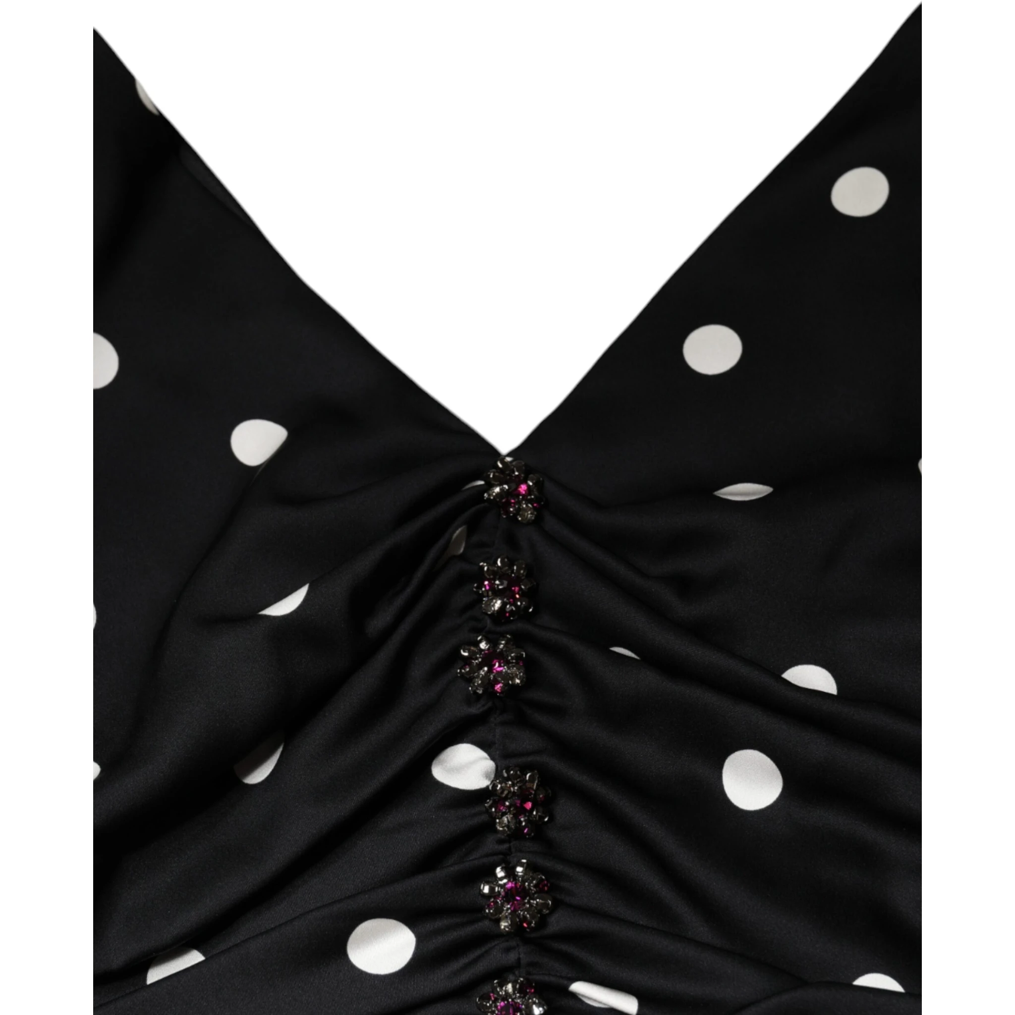 Black Silk Polka Dot Vneck Tassel Midi Dress