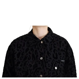 Cotton Black Leopard Long Sleeve Denim Jacket