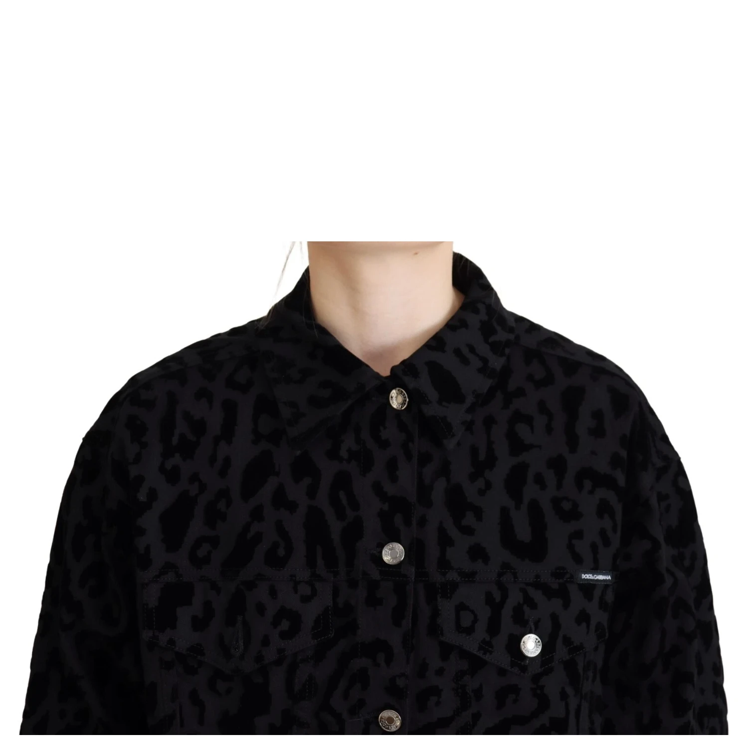 Cotton Black Leopard Long Sleeve Denim Jacket