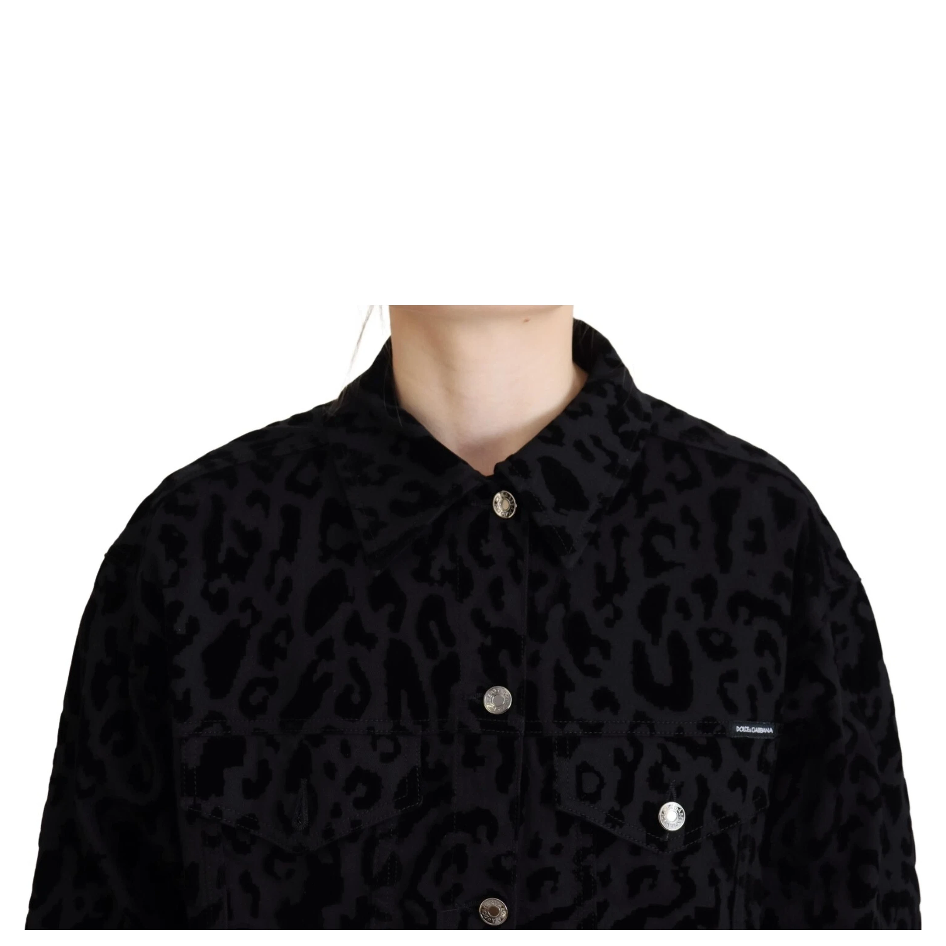 Cotton Black Leopard Long Sleeve Denim Jacket