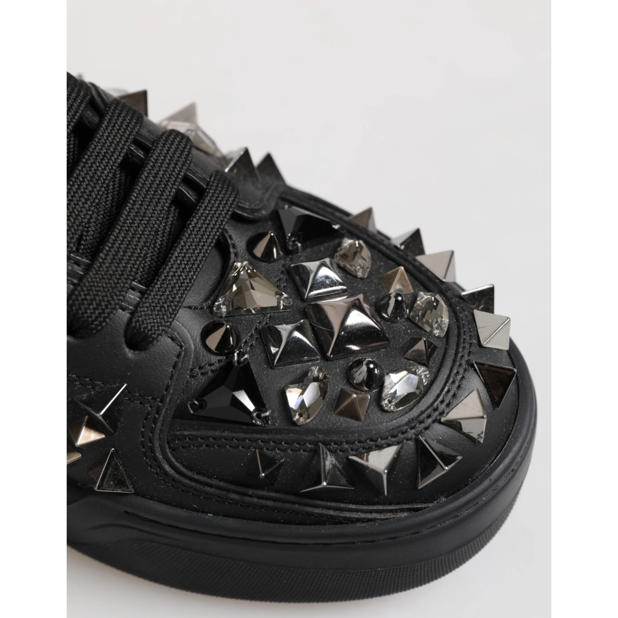 Black Leather Studded Low Top Sneakers Shoes
