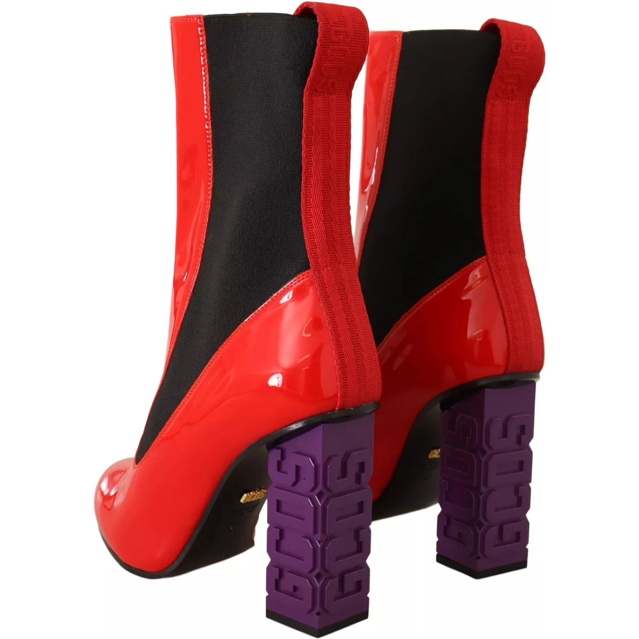 Red Leather Black Fabric Logo Heel Ankle Boots Shoes