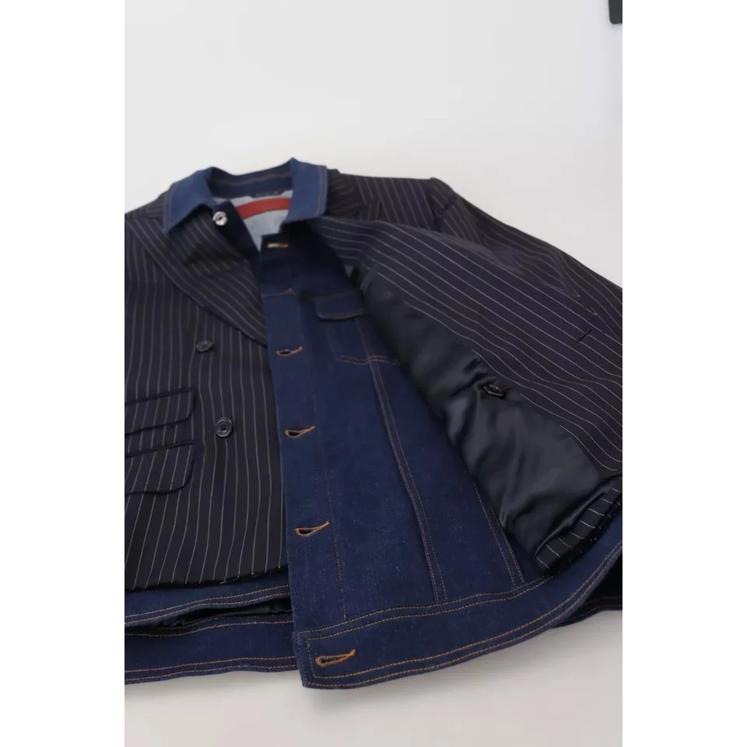 Blue Striped Double Breasted Denim Blazer