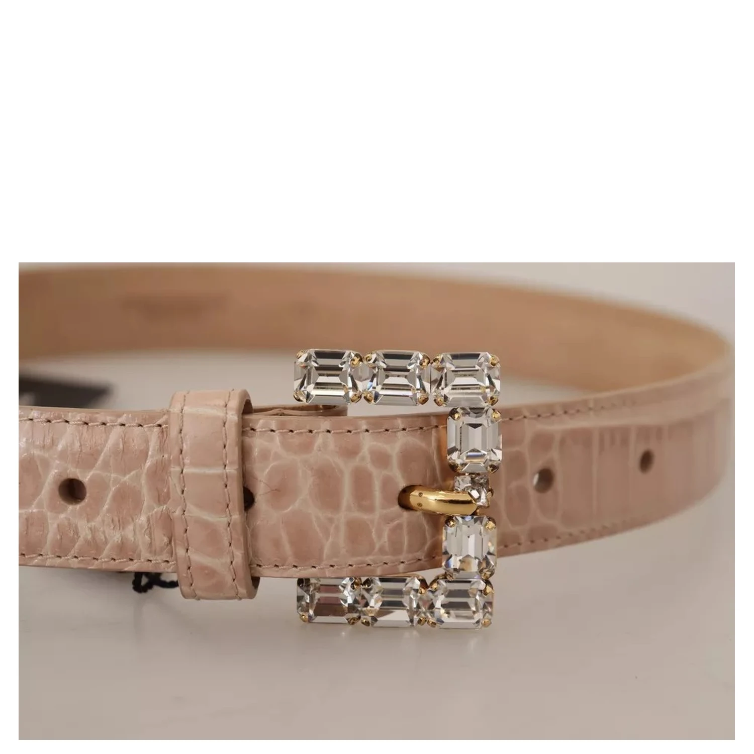 Beige Leather Crystal Buckle Women Belt