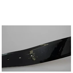 Black Shiny Leather Crystal Logo Buckle Belt