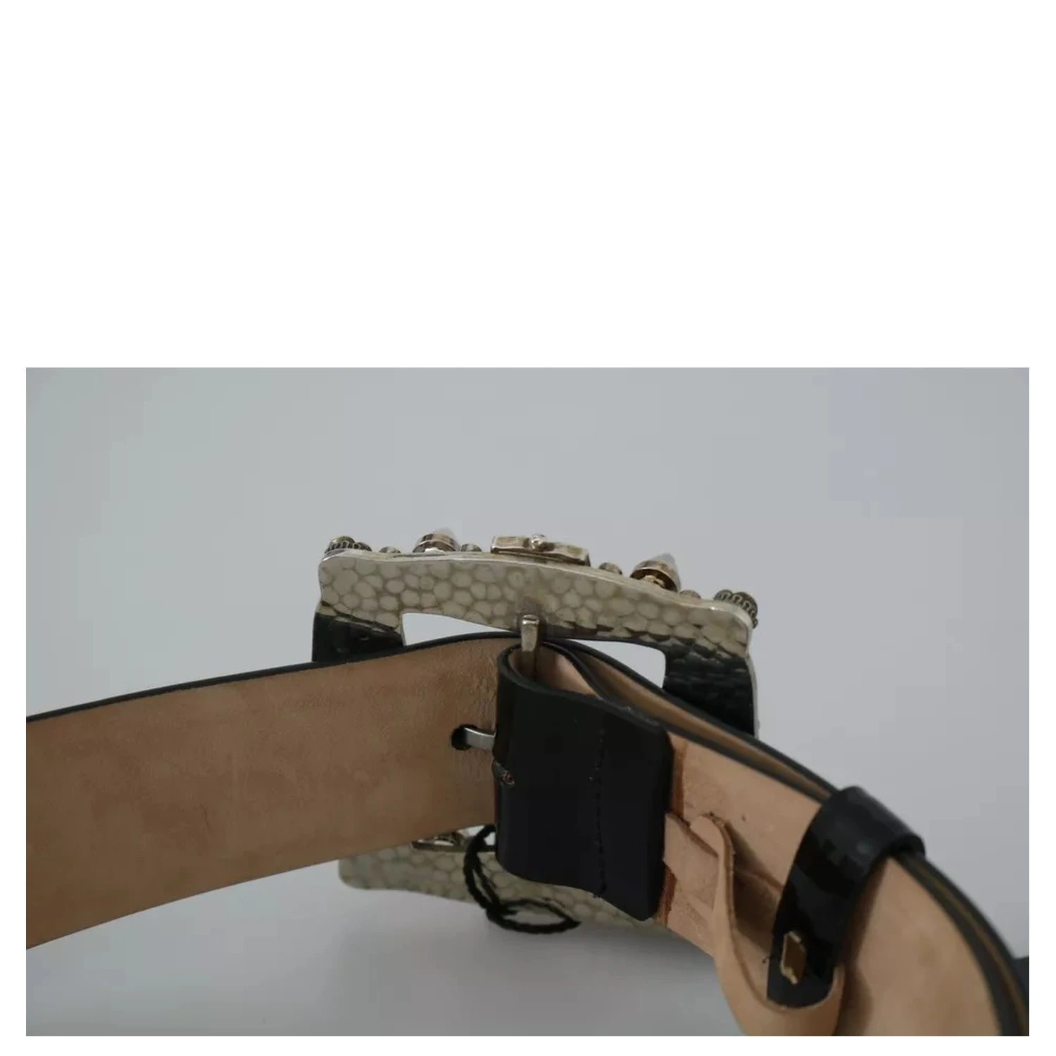 Black Shiny Leather Crystal Logo Buckle Belt