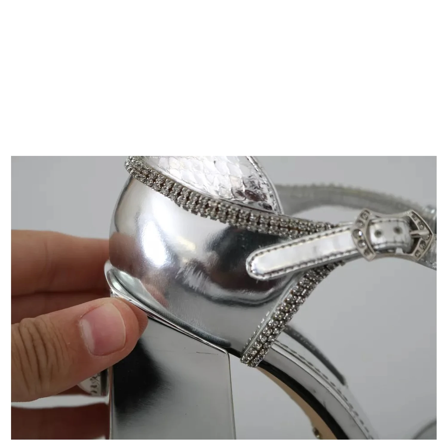 Silver Crystals T-strap Sandals Leather Shoes