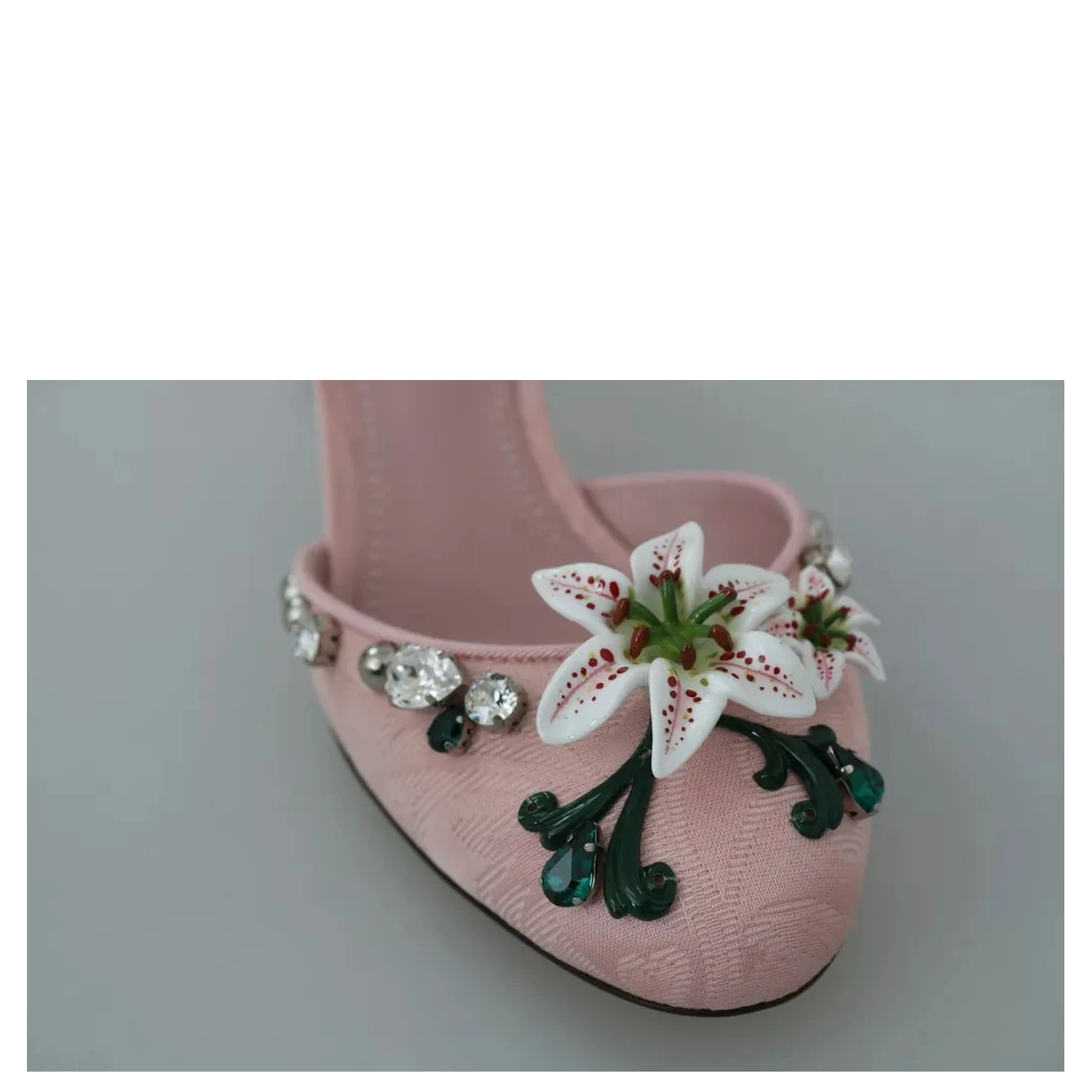 Pink Brocade Crystal Lily Ankle Strap Shoes