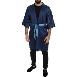 Blue Satin Silk Waist Belt Robe Jacket