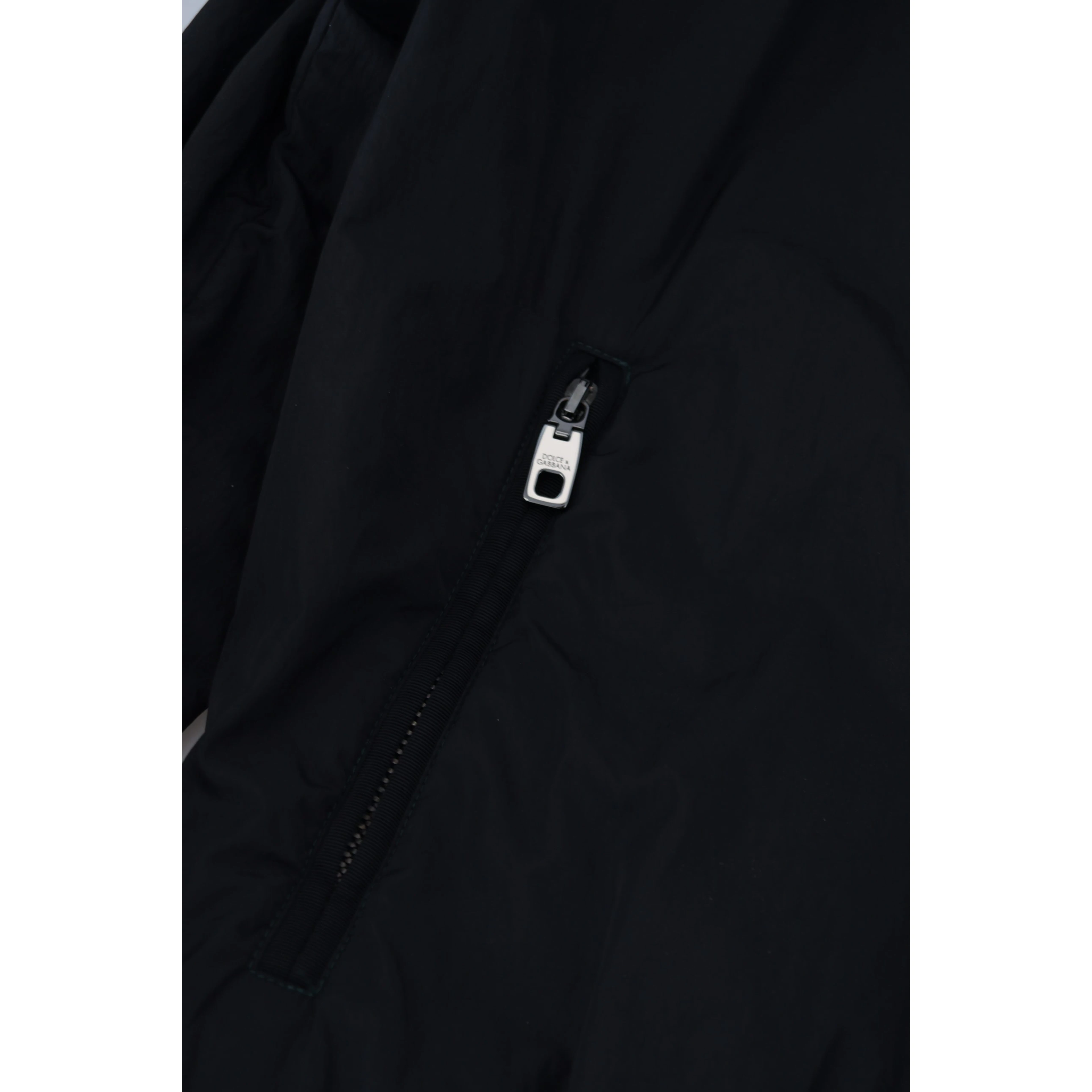 Black Nylon Logo Bomber Zipper Jacket