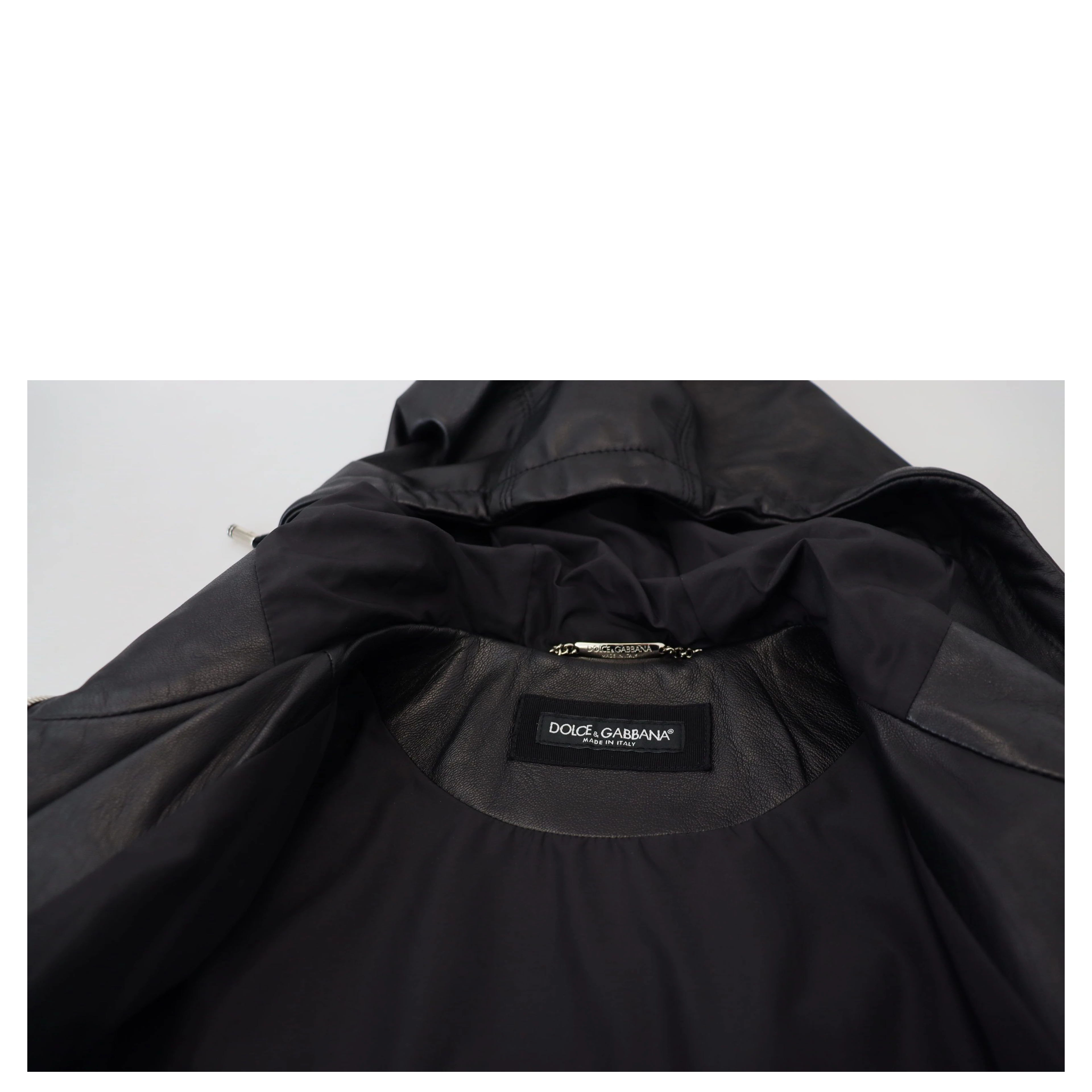 Black Leather Hooded Blouson Coat Jacket