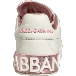White Pink Leather Low Top Sneakers Shoes