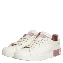 White Pink Leather Low Top Sneakers Shoes