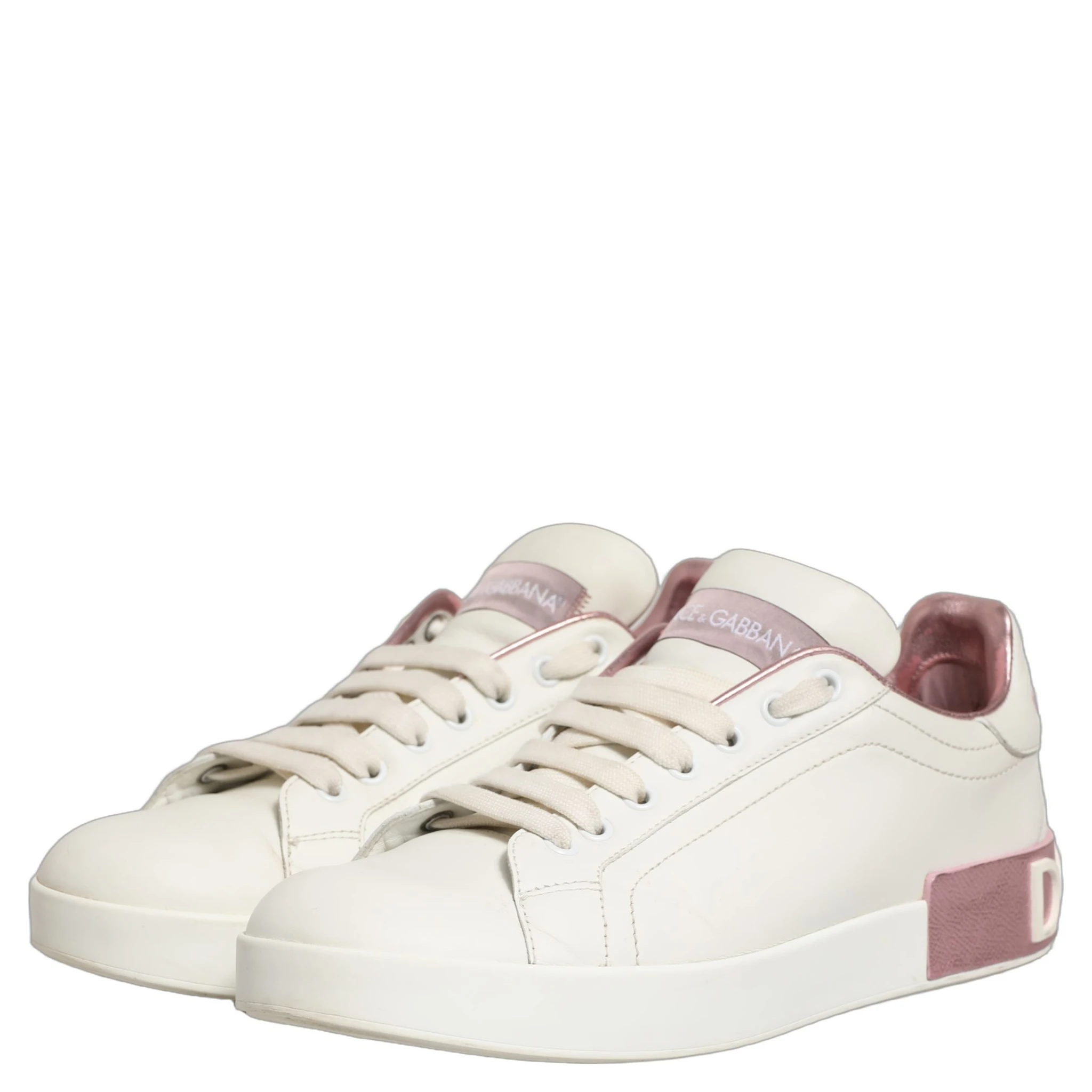 White Pink Leather Low Top Sneakers Shoes