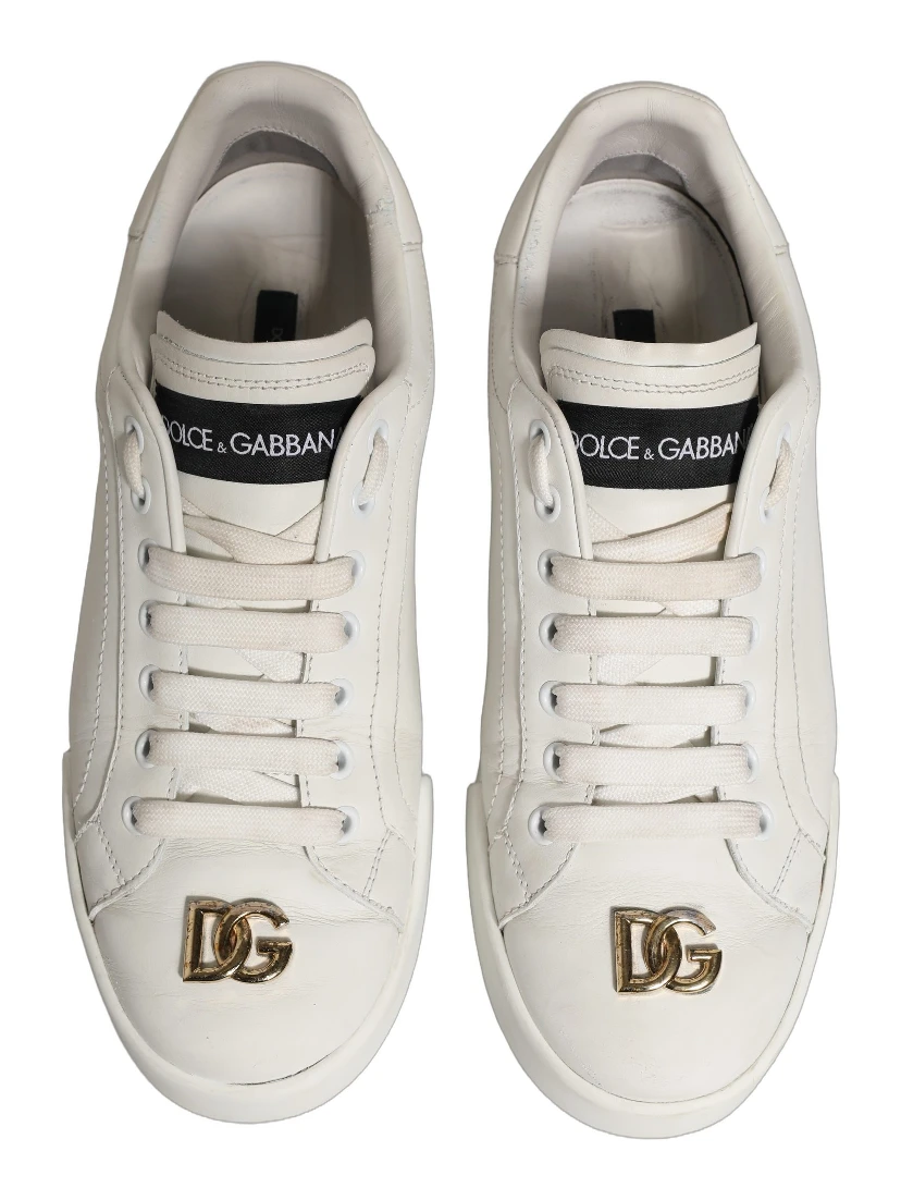 White Leather Logo Plaque Low Top Sneakers Shoes