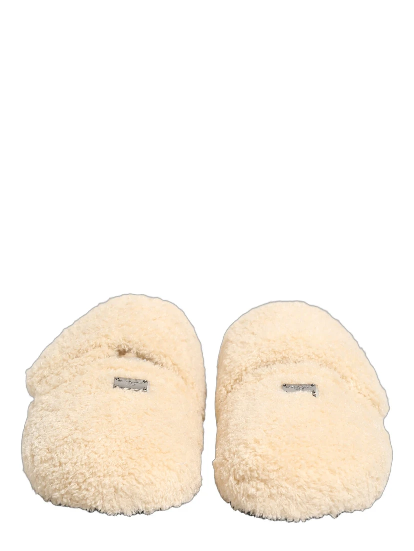 Beige Faux Fur Flats Men Slides Sandals Shoes