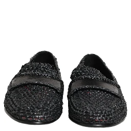 Black Woven Raffia Slip On Loafers Shoes