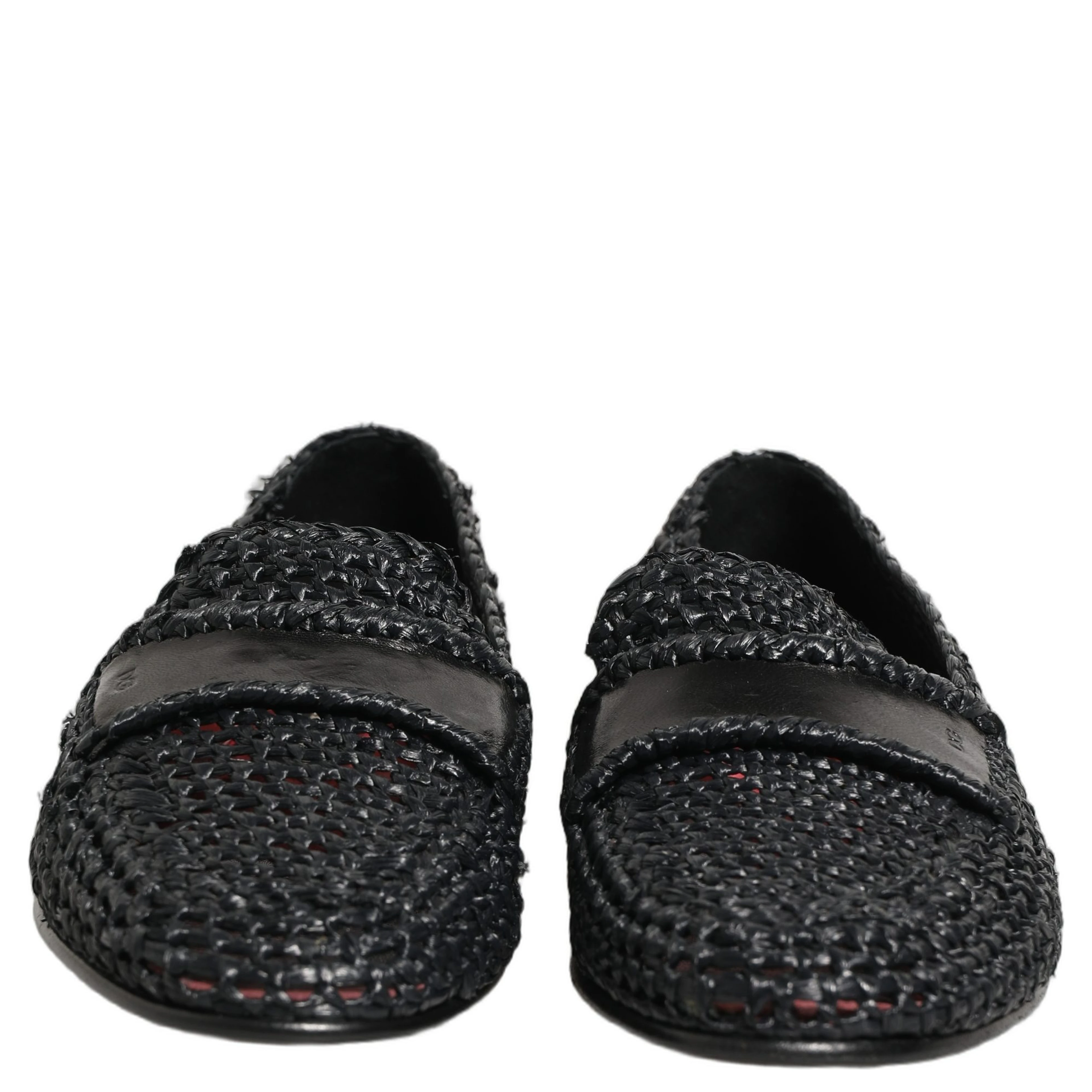 Black Woven Raffia Slip On Loafers Shoes