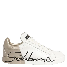 White Gold Low Top Leather Sneakers Shoes