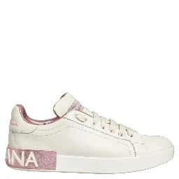 White Pink Leather Low Top Sneakers Shoes