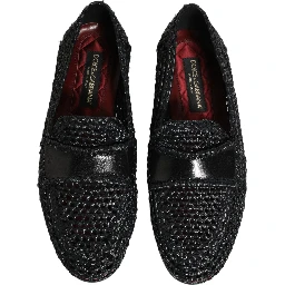 Black Woven Raffia Slip On Loafers Shoes