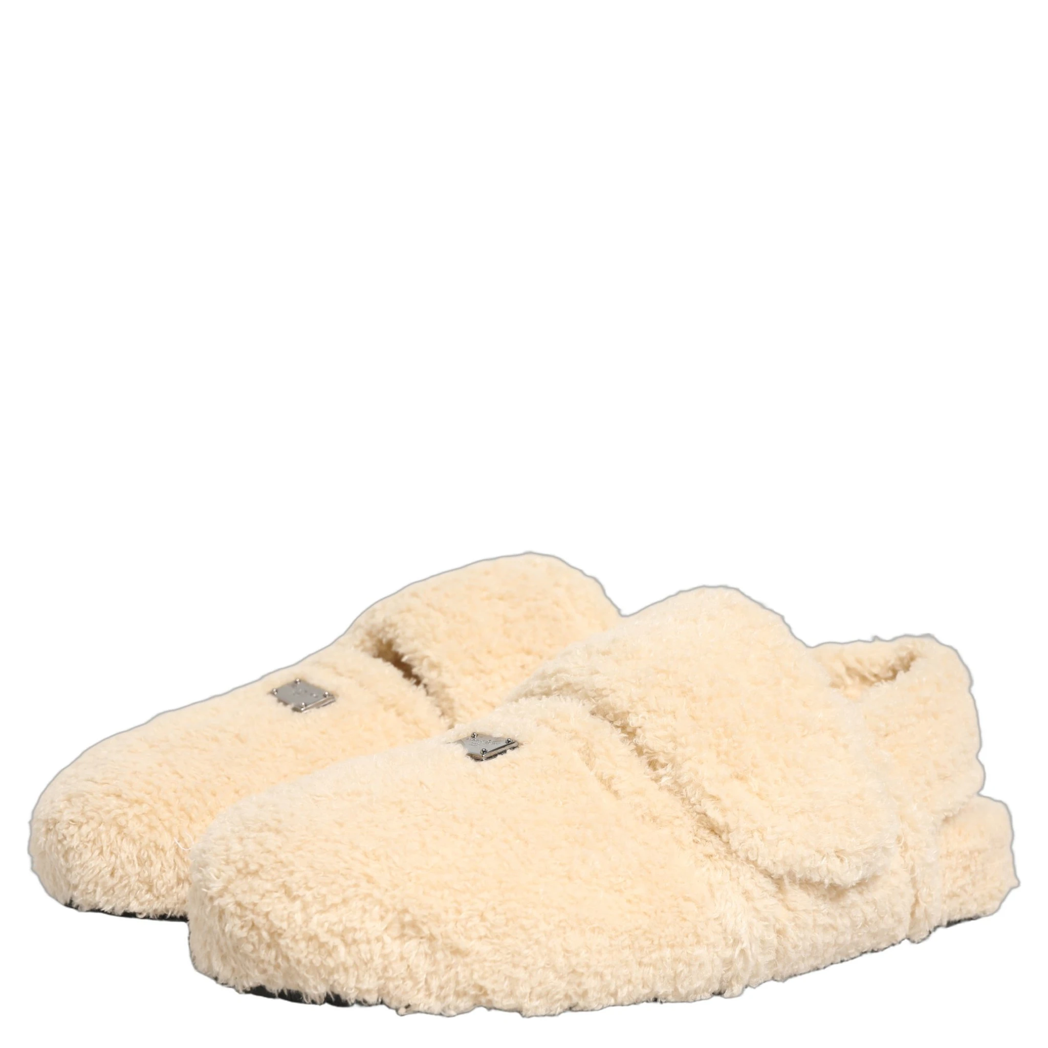 Beige Faux Fur Flats Men Slides Sandals Shoes