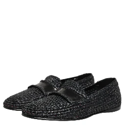 Black Woven Raffia Slip On Loafers Shoes