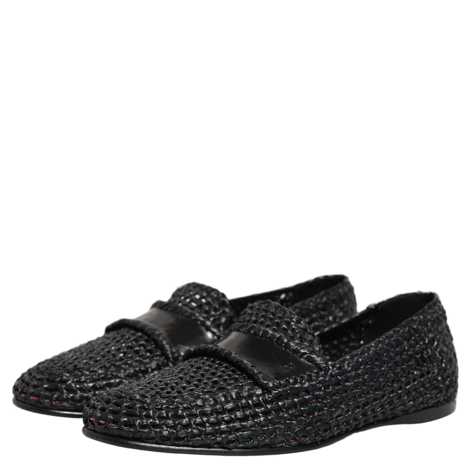 Black Woven Raffia Slip On Loafers Shoes