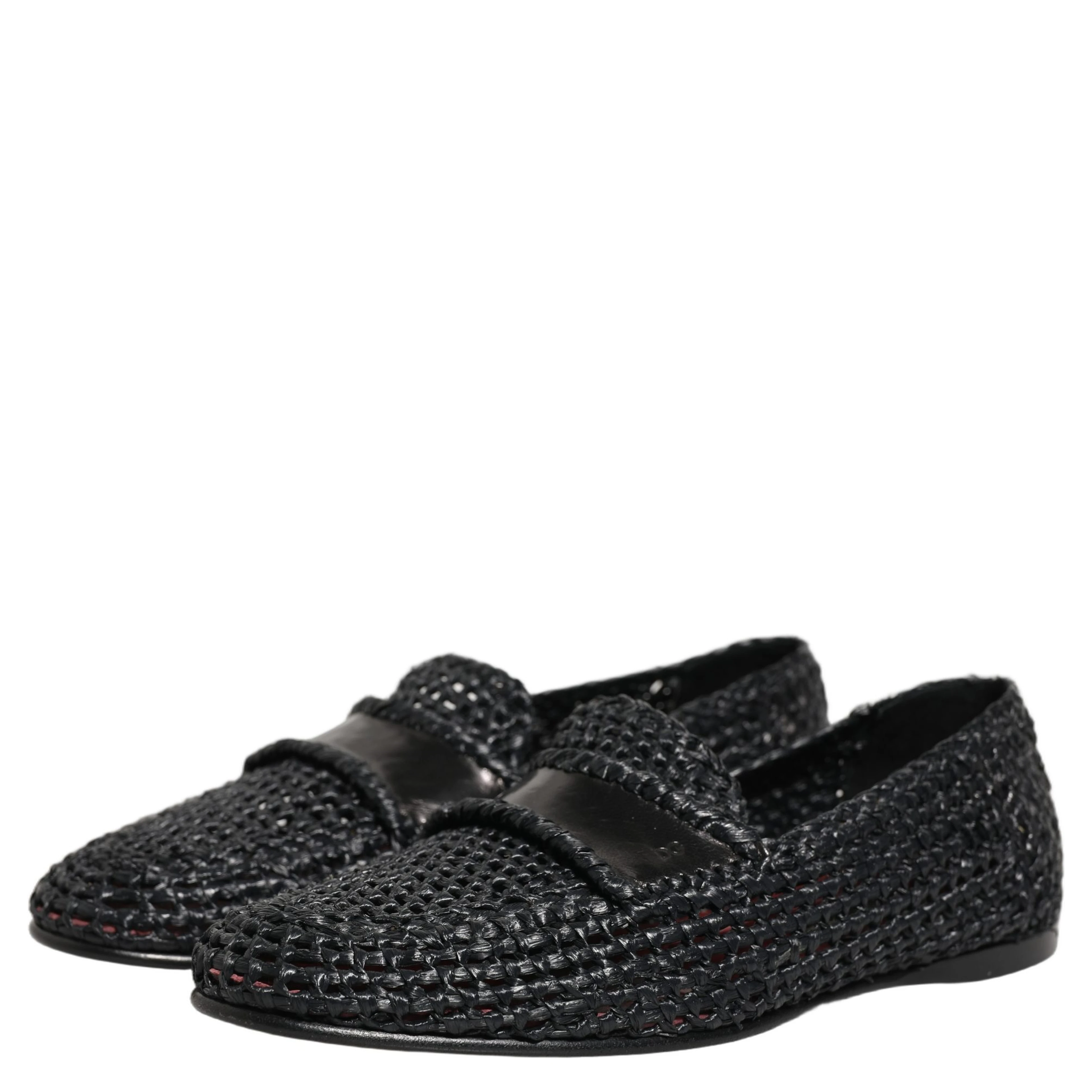 Black Woven Raffia Slip On Loafers Shoes