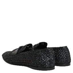 Black Woven Raffia Slip On Loafers Shoes