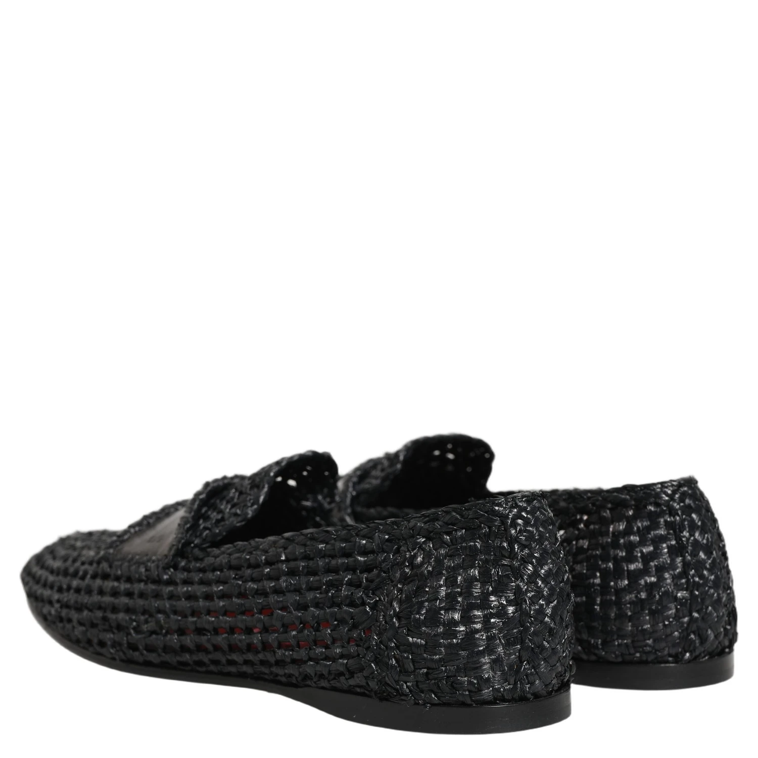 Black Woven Raffia Slip On Loafers Shoes