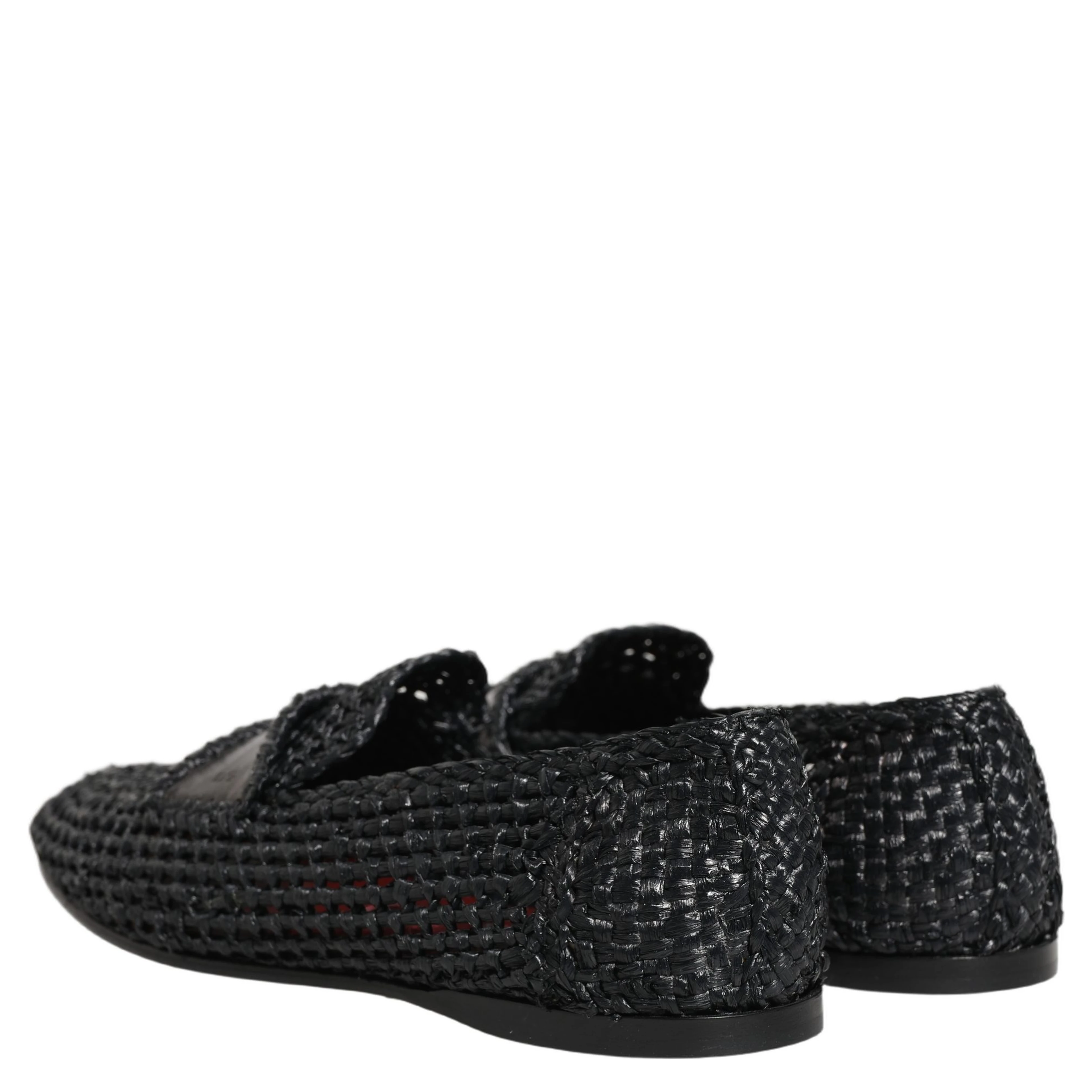 Black Woven Raffia Slip On Loafers Shoes