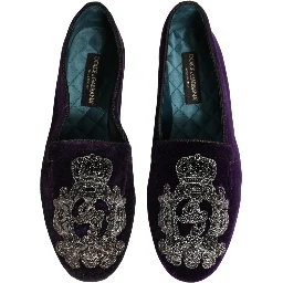 Purple Velvet Crown Embroidery Loafers Shoes