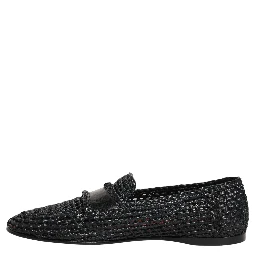Black Woven Raffia Slip On Loafers Shoes