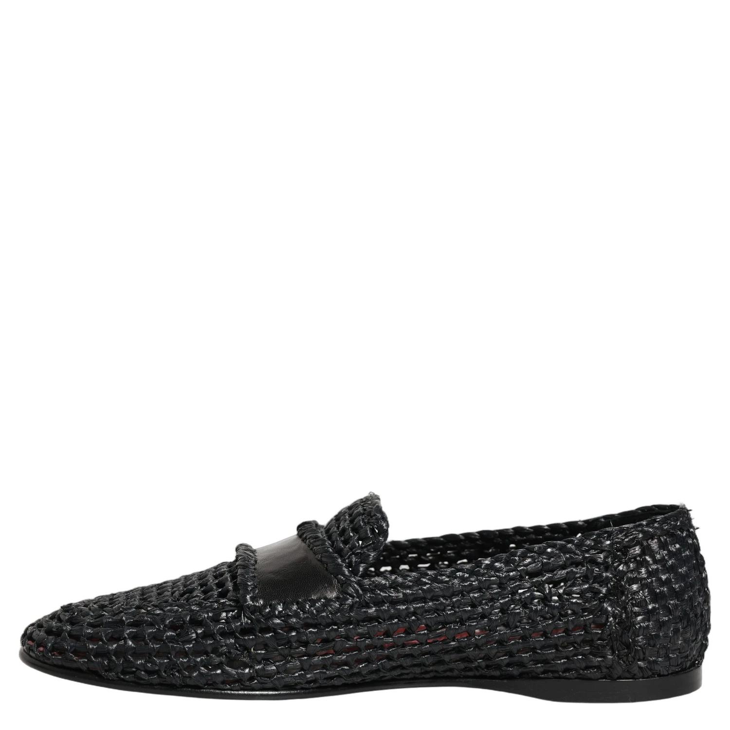Black Woven Raffia Slip On Loafers Shoes