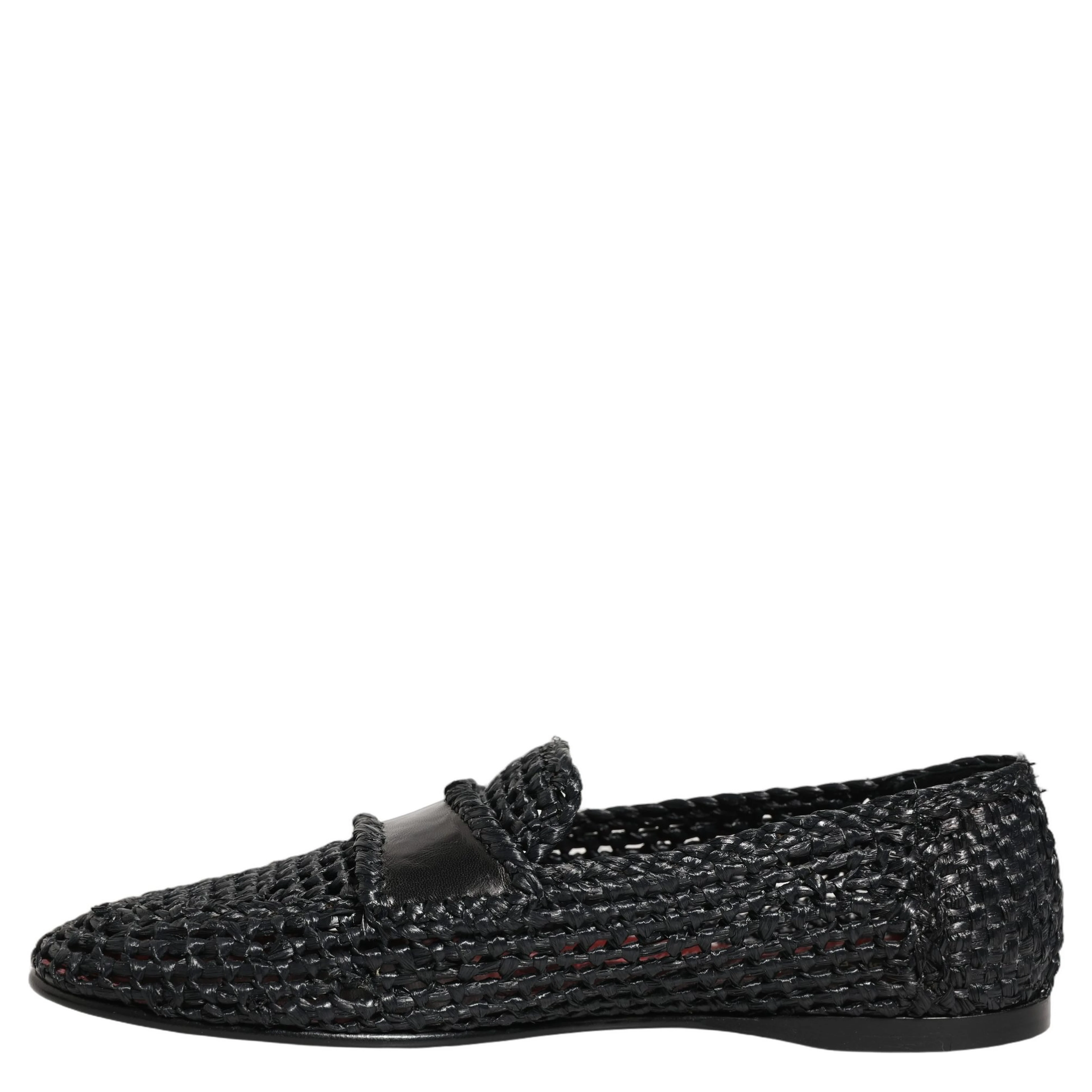 Black Woven Raffia Slip On Loafers Shoes