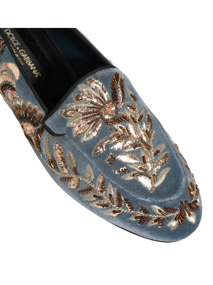 Blue Velvet Embellished Dress Loafers Shoes