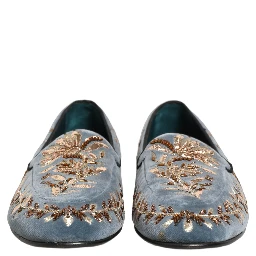Blue Velvet Embellished Dress Loafers Shoes