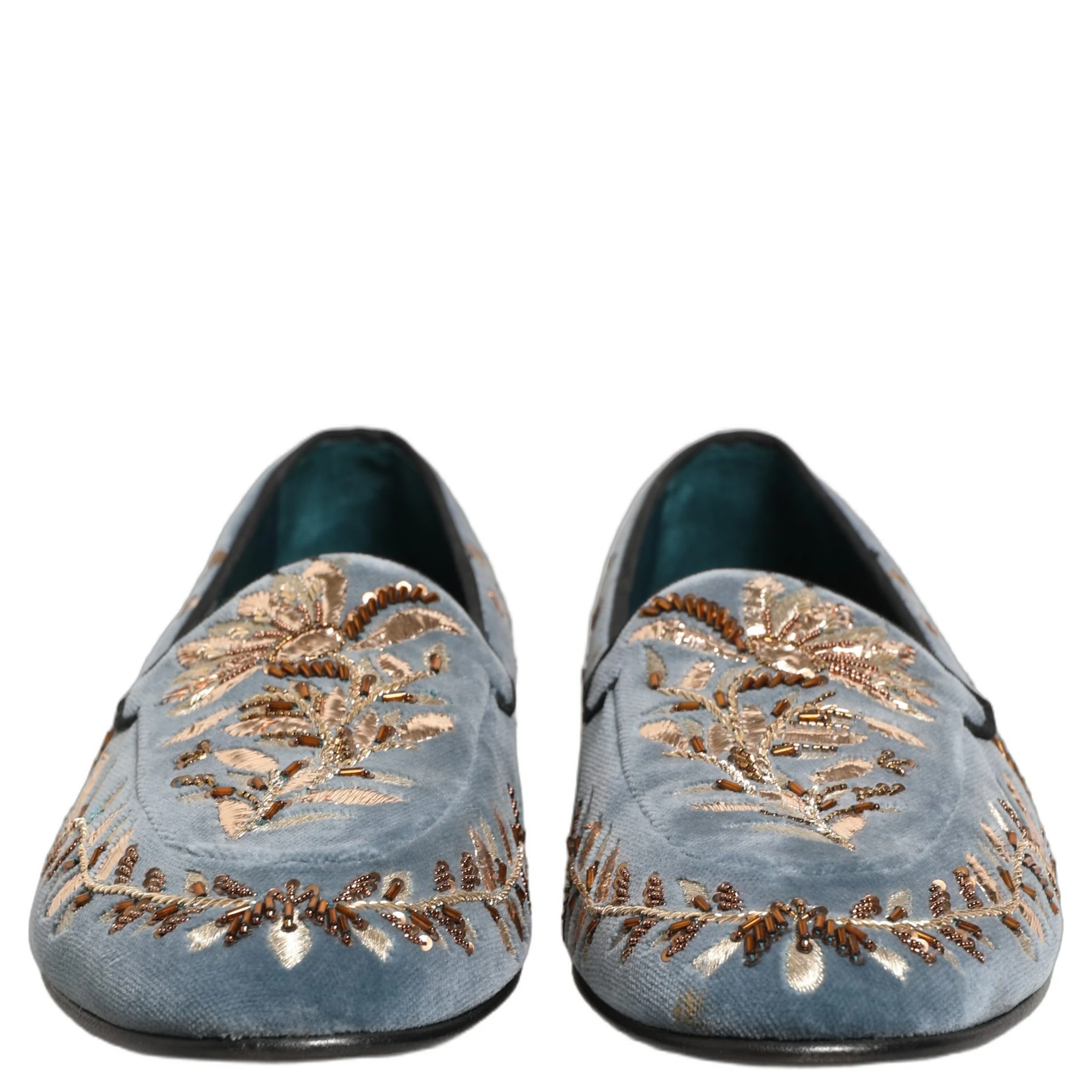 Blue Velvet Embellished Dress Loafers Shoes