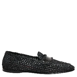 Black Woven Raffia Slip On Loafers Shoes