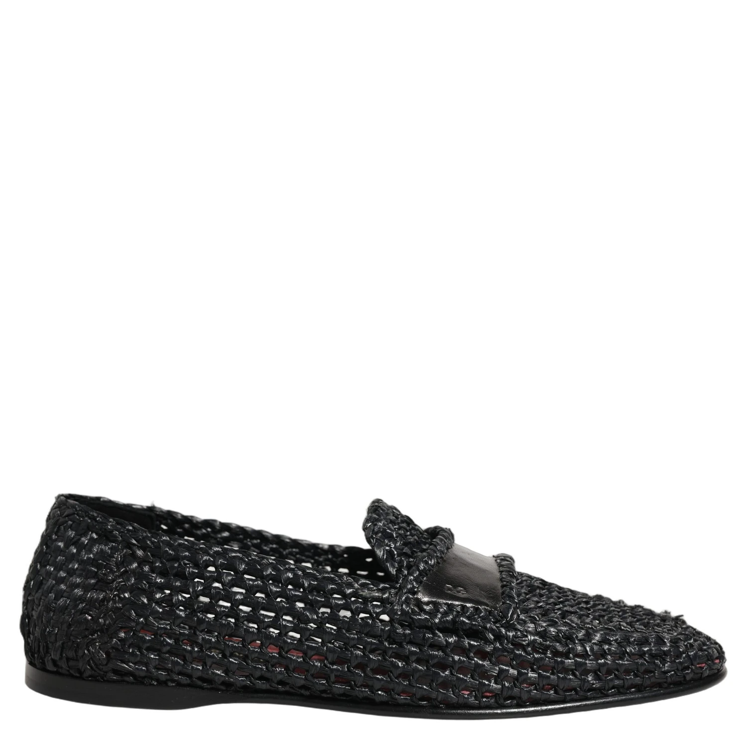 Black Woven Raffia Slip On Loafers Shoes