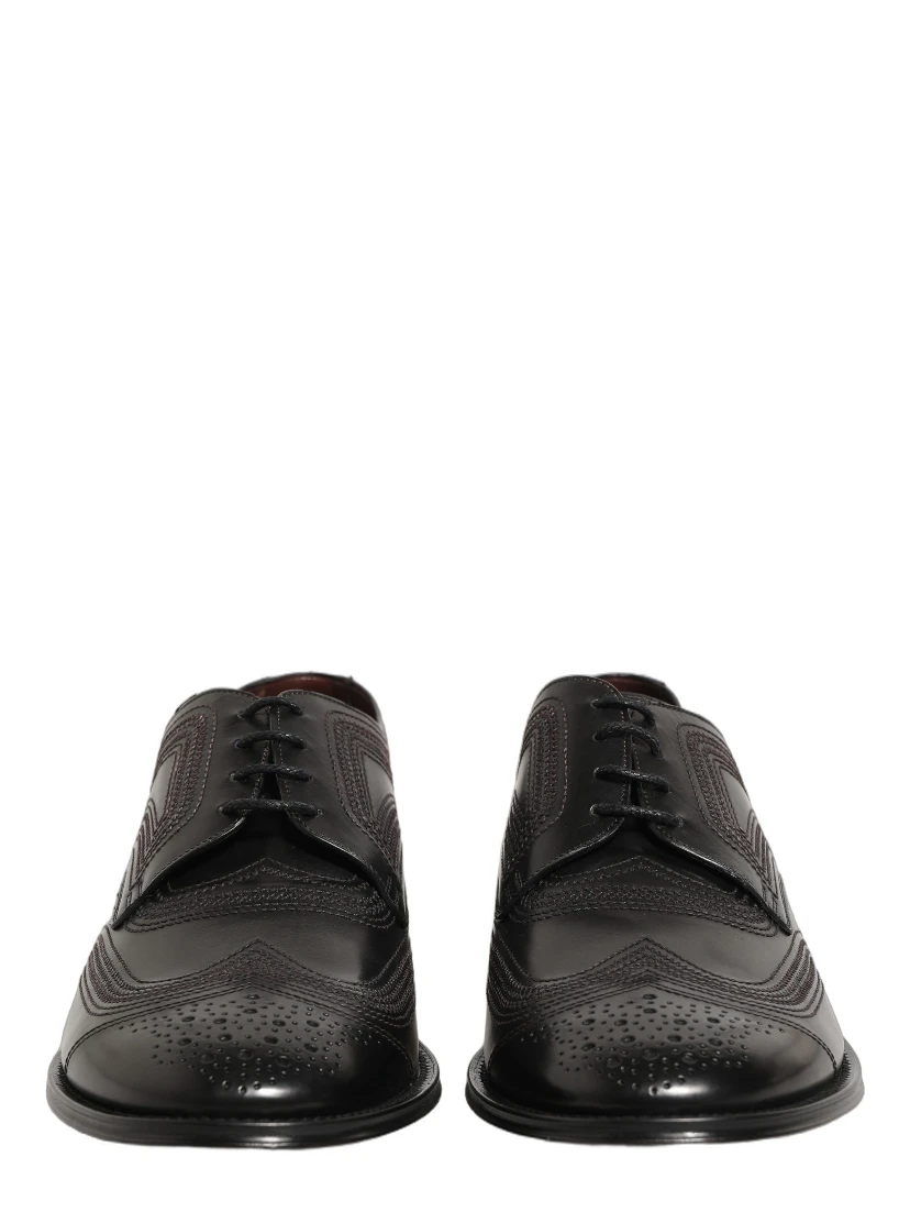 Black Embroidered Leather Derby Dress Shoes