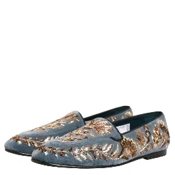 Blue Velvet Embellished Dress Loafers Shoes
