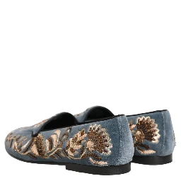 Blue Velvet Embellished Dress Loafers Shoes